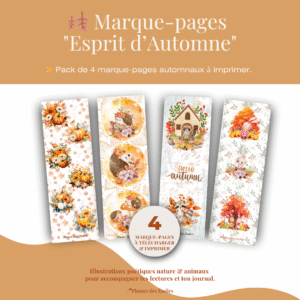 Marque-pages Esprit d’automne à imprimer – pack digital de 4 modèles illustrés avec citrouilles, hérisson, lapin et raton.