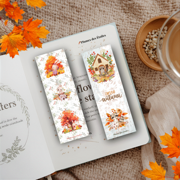Accessoires de lecture automne – pack de 4 marque-pages imprimables avec ambiance nature et poétique.