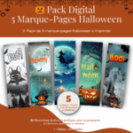 marque-page-halloween-pack-digital Marque-pages Halloween à imprimer – pack digital de 5 modèles illustrés avec citrouille, fantômes et sorcière.