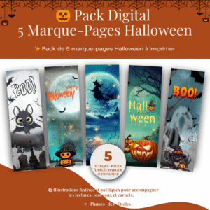 Marque-pages Halloween à imprimer – pack digital de 5 modèles illustrés avec citrouille, fantômes et sorcière.
