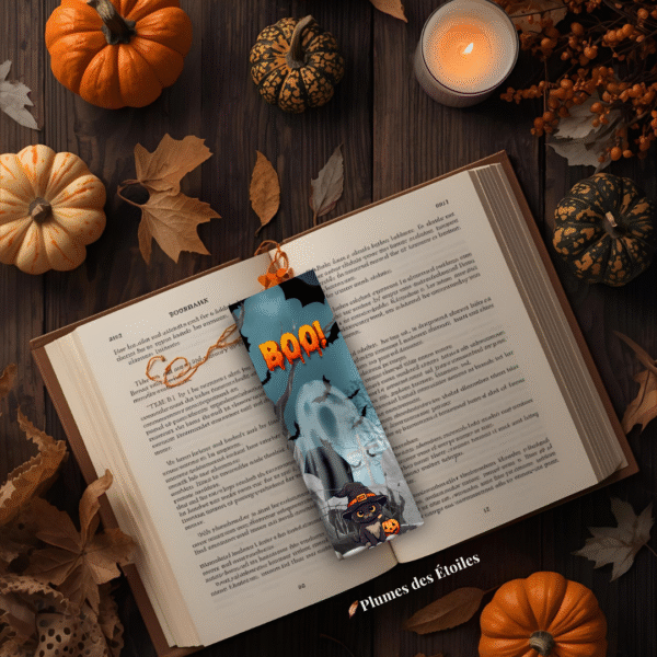 Papeterie magique Halloween – 5 marque-pages PDF à télécharger et découper pour lectures festives.