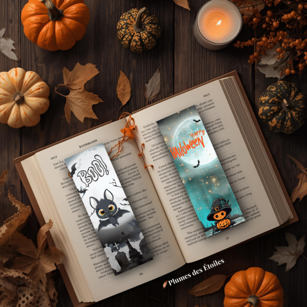 Printable Halloween bookmarks – digital PDF with 5 spooky and cute designs for books and journals.