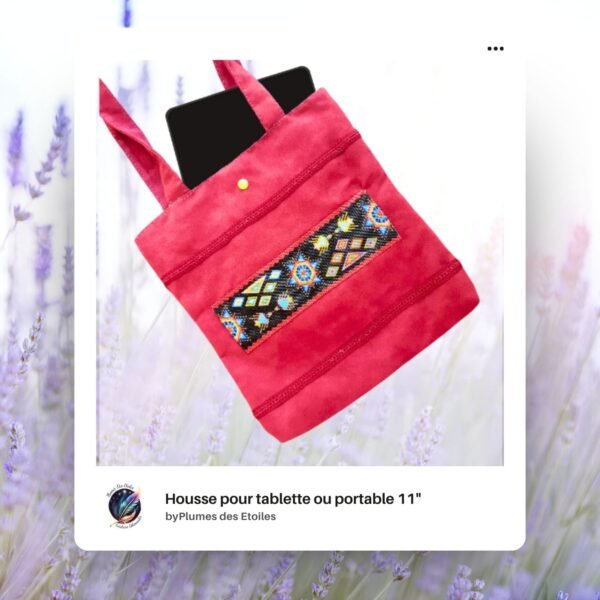Pochette pour Tablette ou Portable 11" : écoresponsable, avec design unique, frise aztèque et perles Miyuki. Pratique, élégante et durable !