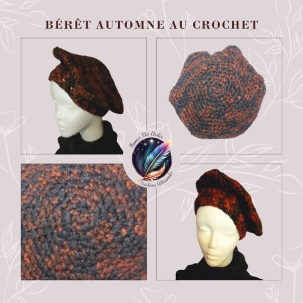 Béret slouchy Automne au crochet upcyclé, mode durable, chaud, chic, unique, prêt à sublimer ton automne avec style et conscience écologique.