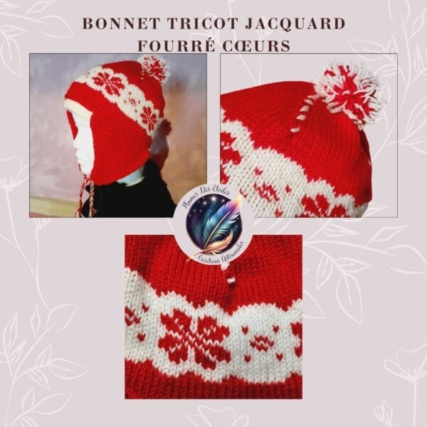 Découvre mon Bonnet jacquard Cœurs, tendance, écologique, chaud, doublé en polaire, à motif cœur, idéal pour l’hiver, durable et facile à entretenir.