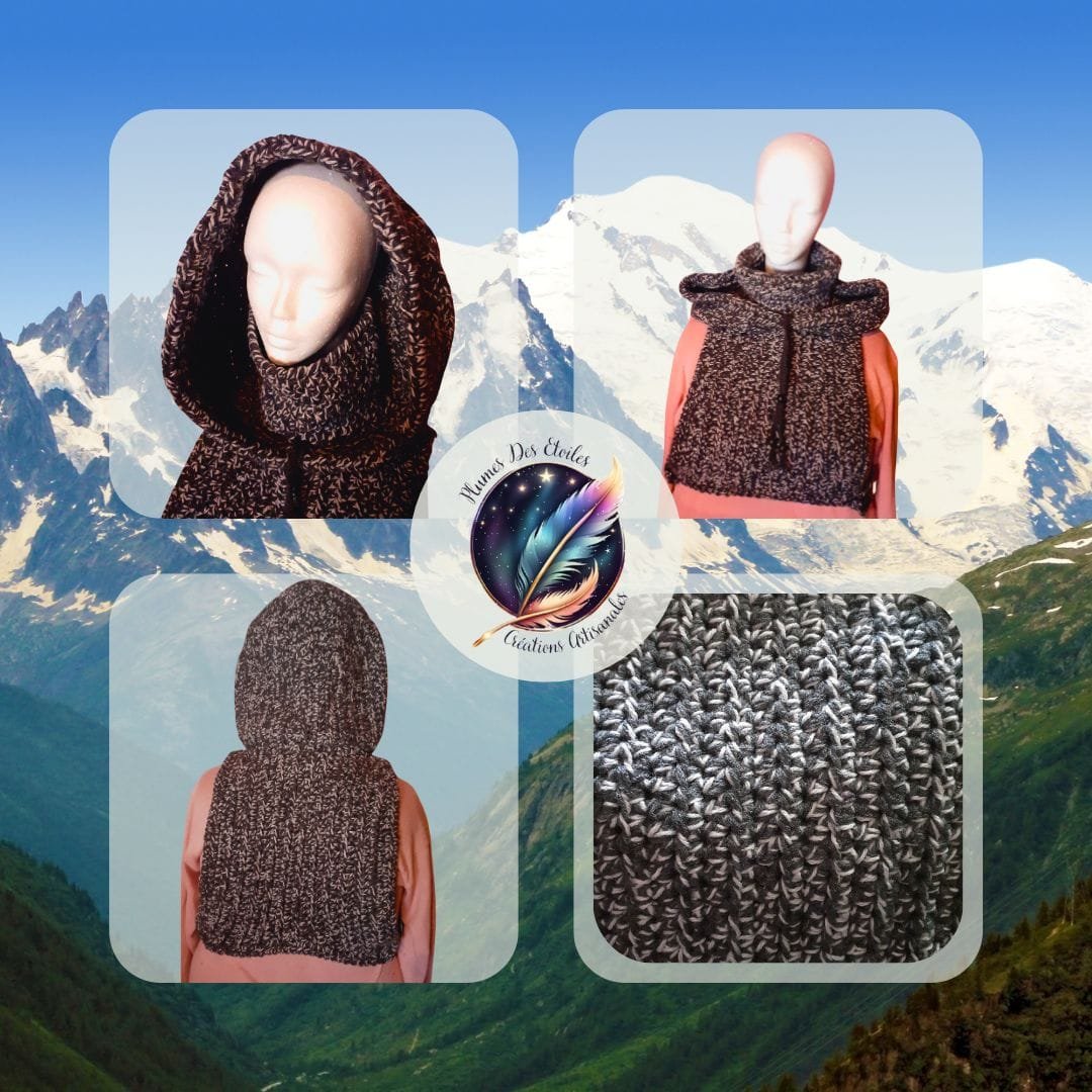 Capuche Matrixx Mont Blanc crochetée, laine épaisse, élégante, chaude, artisanale, pratique, prête à protéger ton hiver avec style et confort.