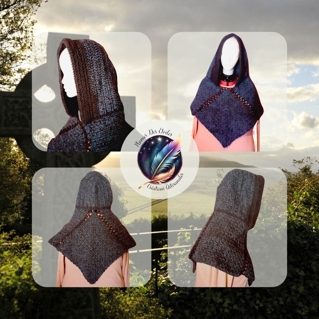 PAP24SKJ002 - Capuche Skjoldehamm Capuche Skjoldehamm artisanale, tradition médiévale, unique, chaude, élégante, crochetée à la main, prête à protéger ton hiver avec style et authenticité.