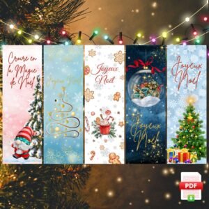 Plonge dans la magie de Noël avec ma Collection Marque-Pages Noël, 5 illustrations festives pour embellir chaque moment de lecture.