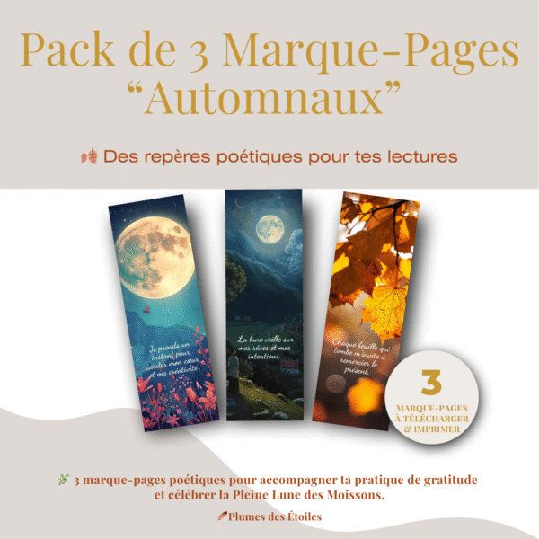 Pack digital de 3 marque-pages automnaux à imprimer – motifs dorés et poétiques"