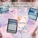 Pack complet de 10 fiches imprimables Bien-être & Lune, flatlay pastel avec étoiles et lune, ambiance poétique et mystique