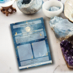 Zoom sur une fiche Bien-être & Lune avec rituels, affirmations, suivi des émotions, design poétique et pastel