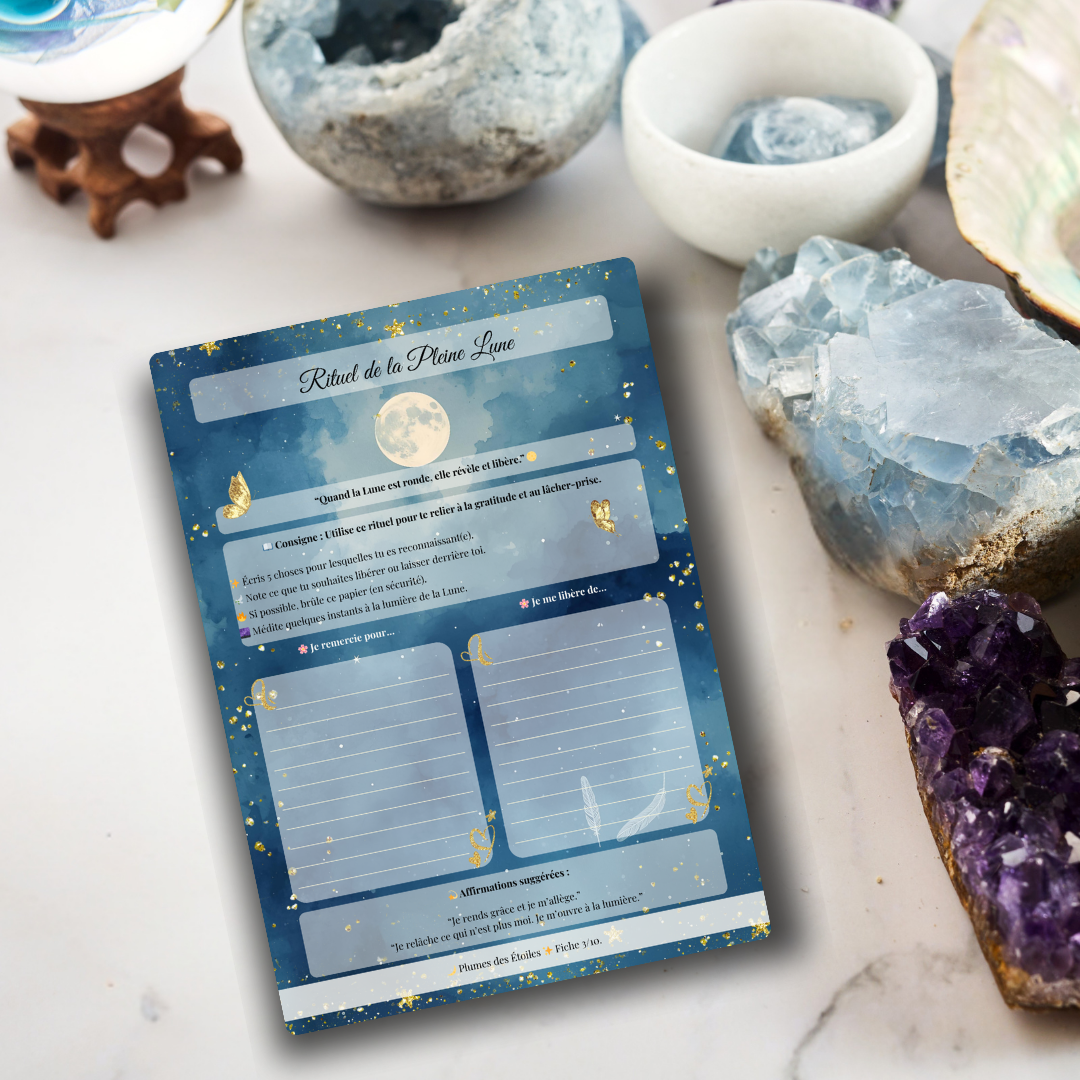 Zoom sur une fiche Bien-être & Lune avec rituels, affirmations, suivi des émotions, design poétique et pastel