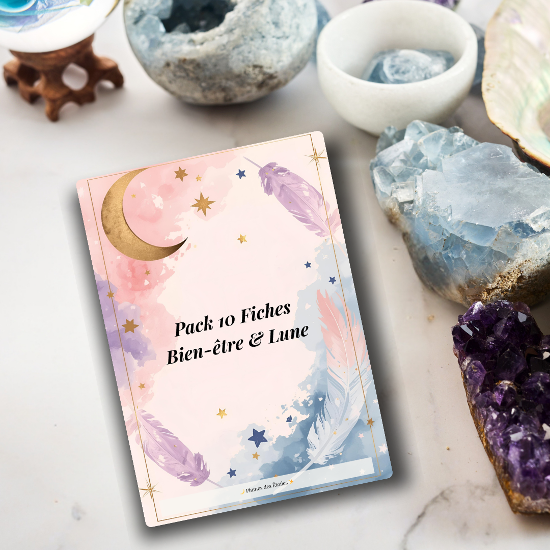 Couverture du Pack 10 Fiches Bien-être & Lune, illustration lune et étoiles, couleurs pastel, style poétique et mystique