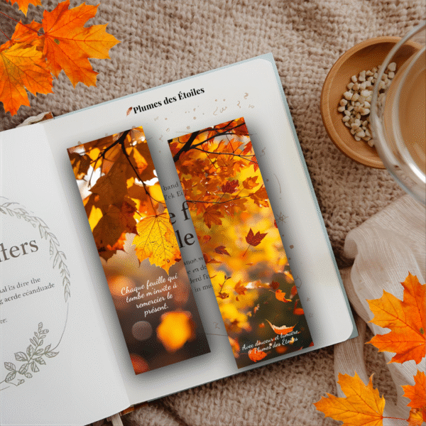 Marque-page automnal digital avec feuilles dorées – printable poétique
