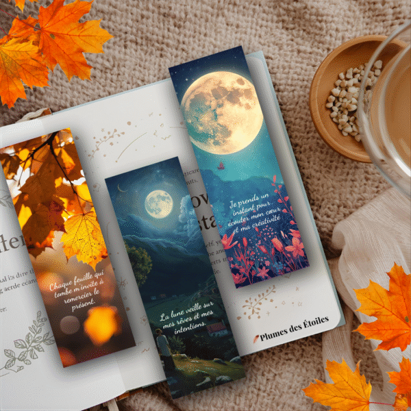 Pack digital de 3 marque-pages automnaux à imprimer – motifs dorés et poétiques
