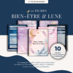 Pack complet de 10 fiches imprimables Bien-être & Lune, flatlay pastel avec étoiles et lune, ambiance poétique et mystique