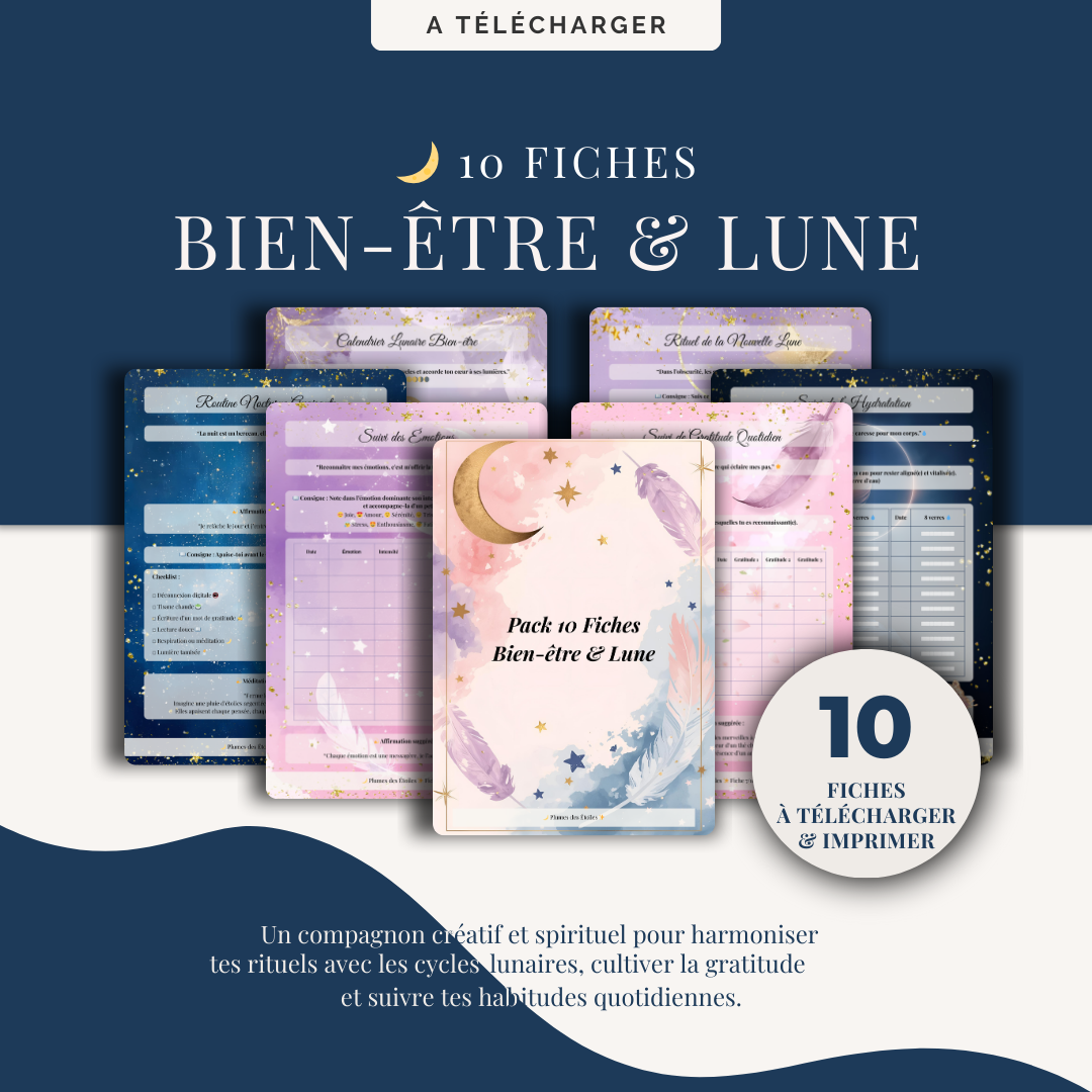 Pack complet de 10 fiches imprimables Bien-être & Lune, flatlay pastel avec étoiles et lune, ambiance poétique et mystique