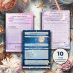 Pack complet de 10 fiches imprimables Bien-être & Lune, flatlay pastel avec étoiles et lune, ambiance poétique et mystique