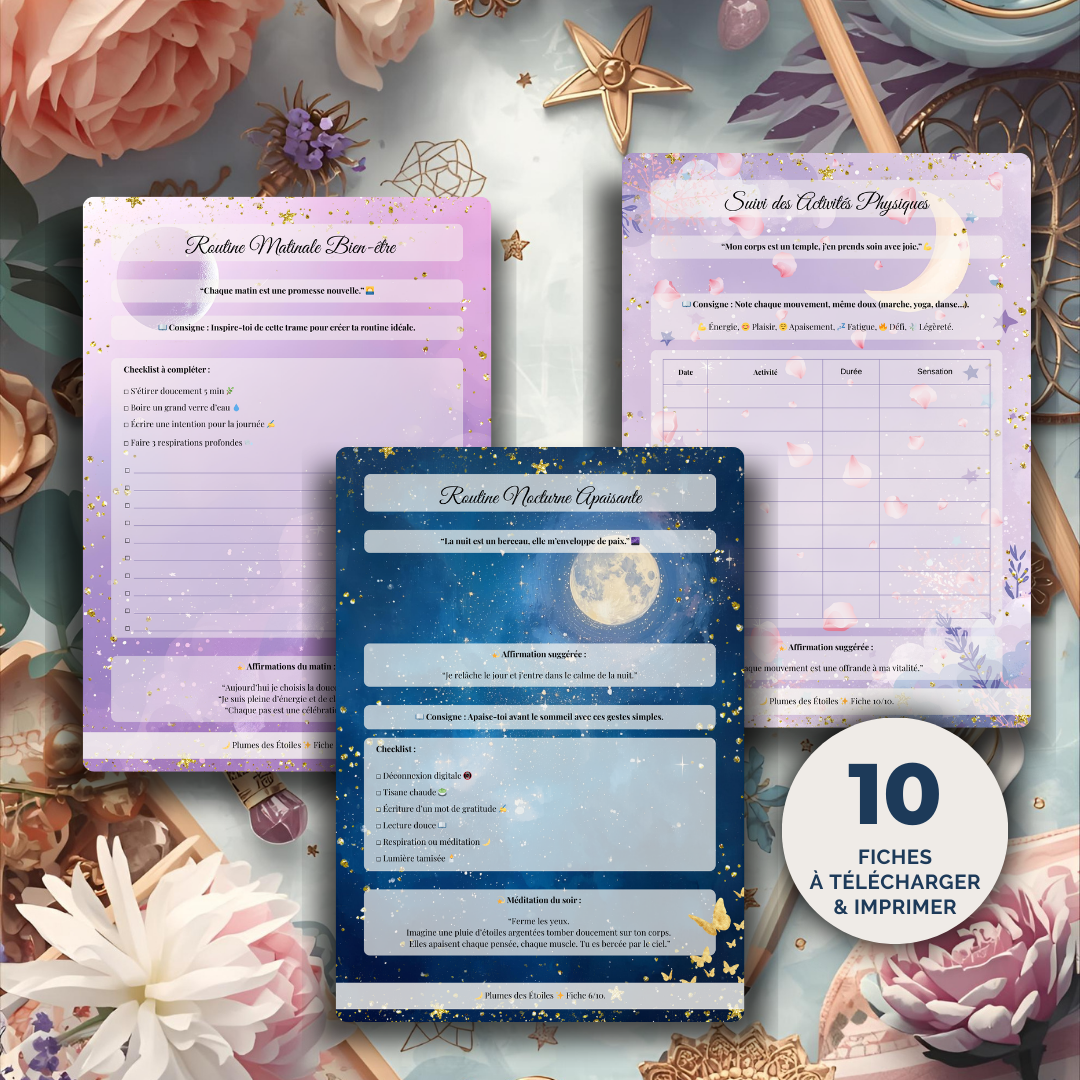 Pack complet de 10 fiches imprimables Bien-être & Lune, flatlay pastel avec étoiles et lune, ambiance poétique et mystique
