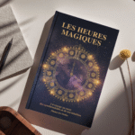 Heures-magiques-livre-broche Promotion du guide digital Les Heures Magiques – illustration poétique et lumineuse, titre et sous-titre visibles, invite à découvrir les heures miroirs et leur signification.