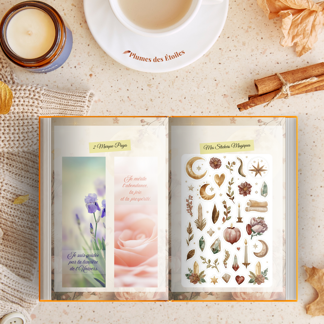 Journal-Gratitude-Abondance-Goodies Planche de stickers, cartes d’affirmations et marque-pages inclus pour accompagner le journal et personnaliser son expérience