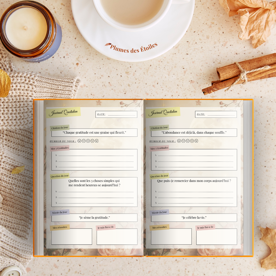 Journal-Gratitude-Abondance-page-quotidienne Exemple de page quotidienne avec suivi des émotions, affirmation, petites abondances et espace pour écrire