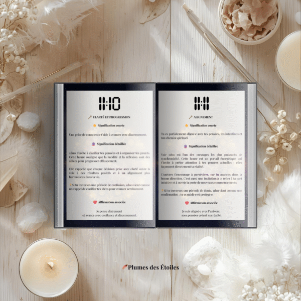 Promotion du guide digital Les Heures Magiques – illustration poétique et lumineuse, titre et sous-titre visibles, invite à découvrir les heures miroirs et leur signification.