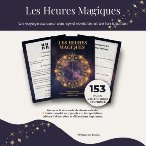 Couverture du guide Les Heures Magiques – illustration poétique et mystique avec chiffres lumineux et symbole du temps, pour éveiller la conscience et guider le lecteur dans les heures miroirs.