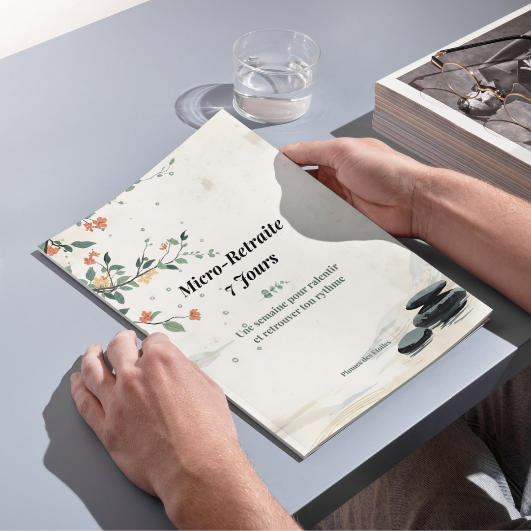 micro-retraite-slow-life-broche-couverture2 Micro-Retraite 7 Jours Slow Life – Carnet broché posé, vue 3D, semaine de slow life avec rituels du matin et du soir, écriture et boîte à idées pour cultiver la simplicité et le bien-être quotidien
