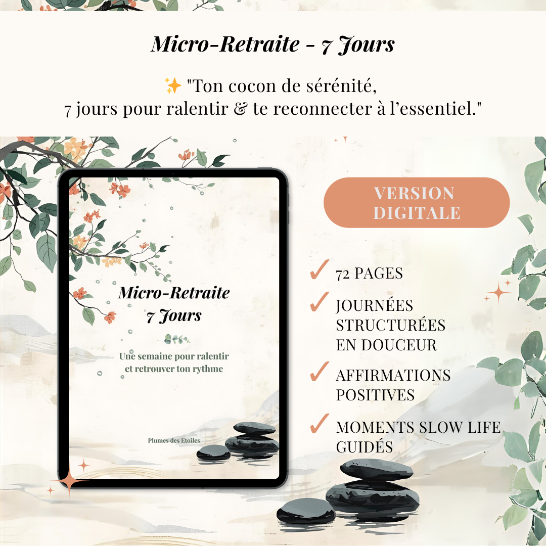 Couverture du carnet Micro-Retraite 7 Jours Slow Life – Une semaine pour ralentir et retrouver son rythme, carnet guidé avec rituels, écriture et inspirations poétiques