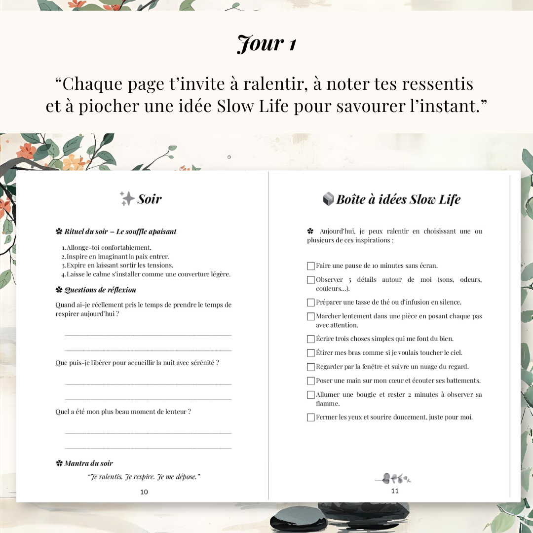 Page du Journal Micro-Retraite 7 Jours Slow Life - rituel du soir avec gratitude, réflexions et boîte à idées slow life pour s’inspirer.