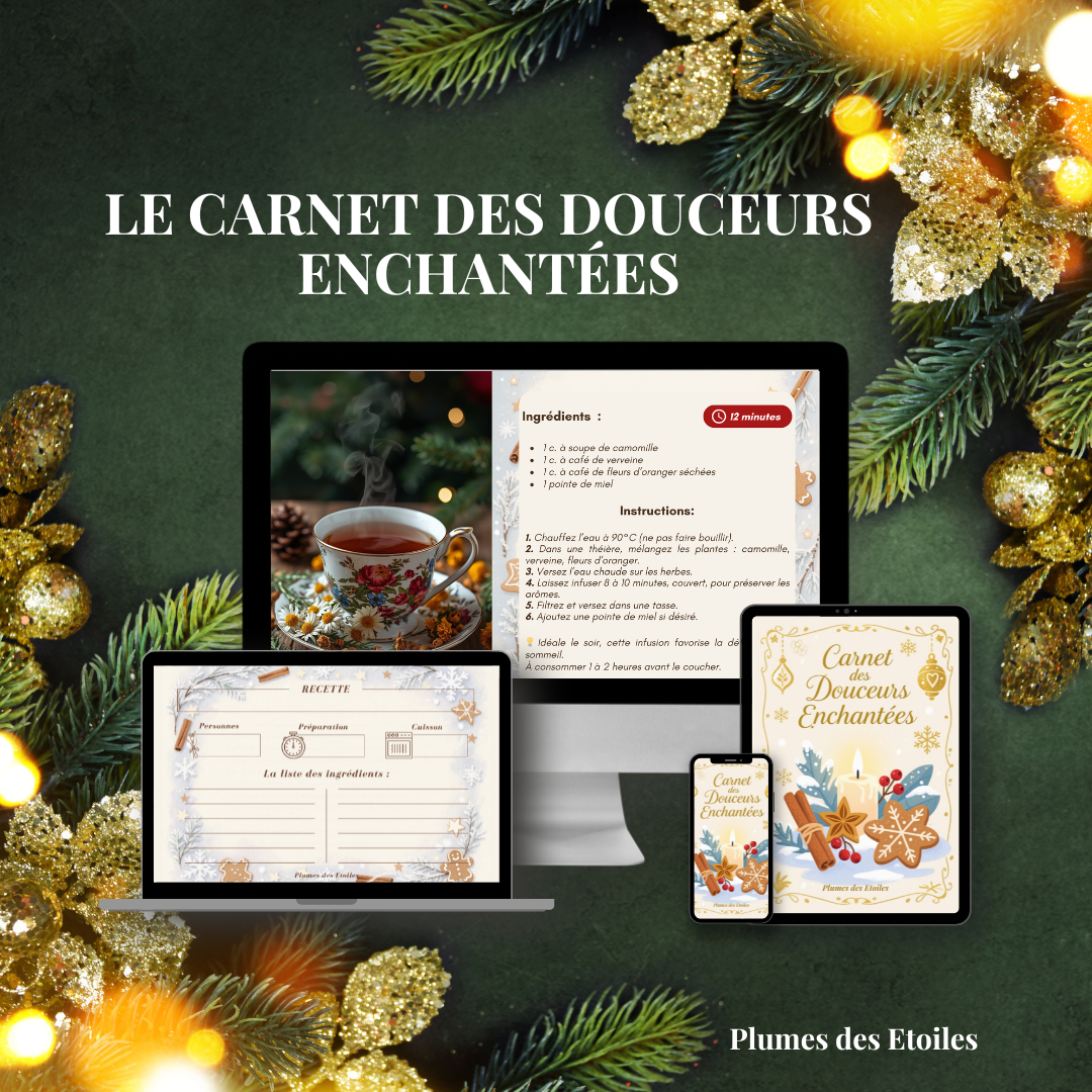 carnet-douceurs-enchantees-couverture Un carnet de recettes hivernales empreint de magie et de poésie. Crée ton grimoire culinaire avec 10 douceurs enchantées et pages à personnaliser.